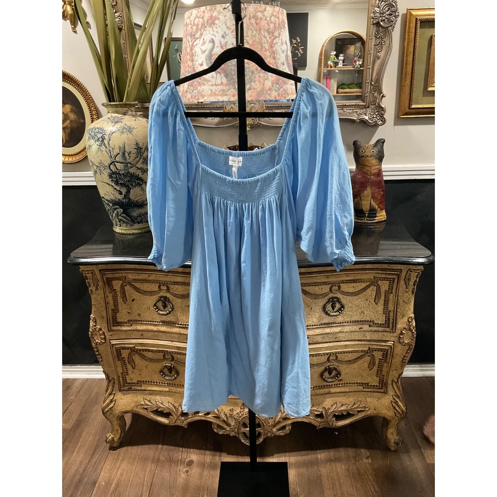 Apiece Apart Blue Organic Cotton Smocked Puff Sleeve Mini Dress L